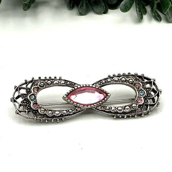 Vintage Infinity Brooch With Pink and Clear Rhinestones - Picture 1 of 6